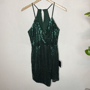 New Lulus Hilaria Sequin Green Mini Dress V-neck Asymmetric NYE Women’s Medium